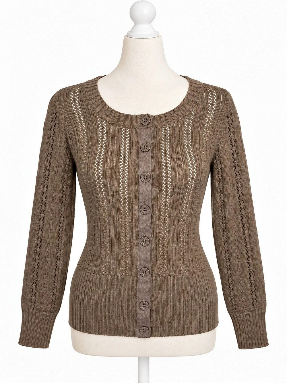 DKNY Jeans Womens S Taupe Pointelle Knit Button Front Cardigan Y2K Coquette